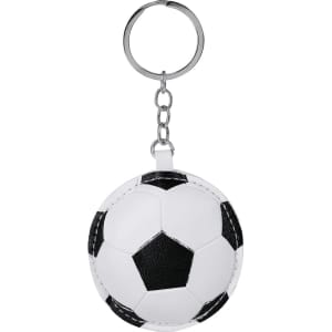 A keyring shaped like a black and white soccer ball, featuring a metal ring and chain.
