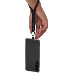 A black Whister Holder Bracelet attached to a smartphone, held by a hand, featuring a sleek design.