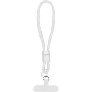 A white Whister Holder Bracelet with a loop and clip, designed to hold phones.