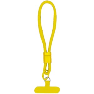 A yellow Whister Holder Bracelet featuring a flexible cord with a clip for securing devices.