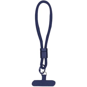 A navy blue Whister Holder Bracelet with a loop and a flat attachment at the end, featuring a logo.
