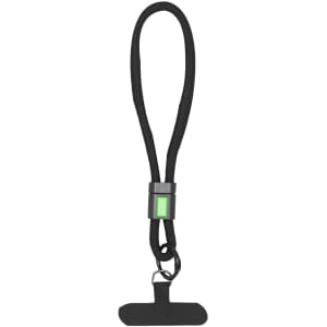 A black Whister Holder Bracelet with a green accent, featuring a loop and clip for attachment.