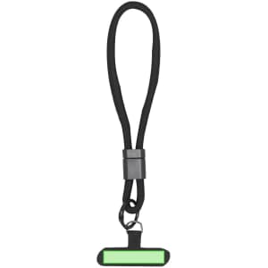 A black bracelet with a green detachable holder, featuring a clip for secure attachment.