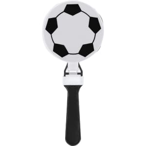 A novelty soccer-themed hand clapper with a black and white design, featuring a round shape and a black handle.