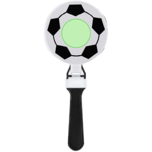 A novelty hand clapper shaped like a football, featuring black and white panels with a green centre and a black handle.