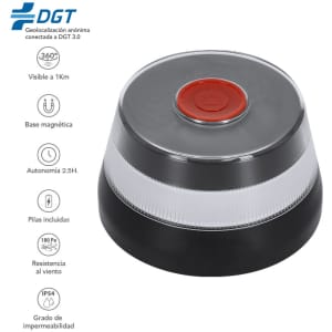 A circular emergency light in black and white with a red button on top, featuring a magnetic base and an IP54 rating.