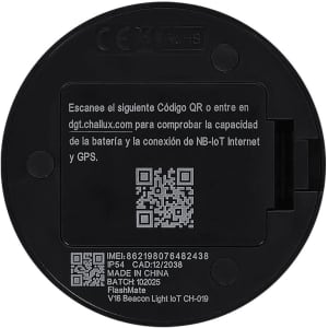 A geolocated emergency light in black, featuring a QR code and branding on the base.