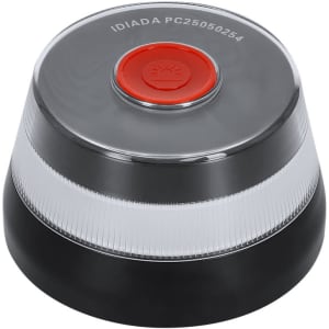 A geolocated emergency light in black and clear plastic, featuring a red button on top and a logo.