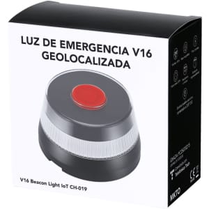 A black and silver emergency beacon light with a red button on top, packaged in a box featuring a logo.