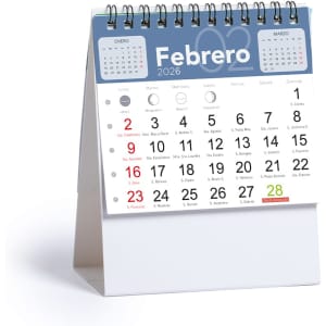 A spiral-bound desk calendar displaying February 2026, featuring white and grey colours with a simple design.