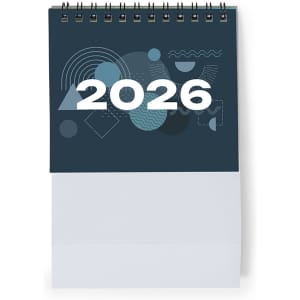 A spiral-bound desk calendar featuring a dark blue cover with abstract shapes and the year 2026 prominently displayed.
