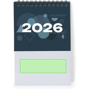 A desk calendar featuring a dark background with geometric designs and the year "2026" prominently displayed.