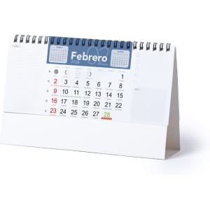 A white desktop calendar displaying February 2026, with a spiral binding and a blue header.