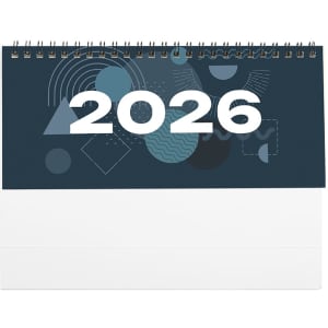 A desk calendar featuring a spiral design with a dark blue background and abstract geometric patterns for 2026.