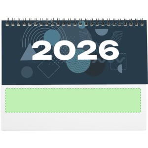 A desk calendar featuring a dark blue top with bold white numbers "2026" and a white bottom area with a green section.