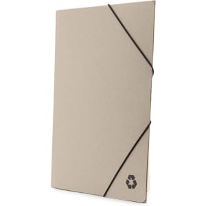 A beige folder with a black elastic strap and a logo featuring a recycling symbol.
