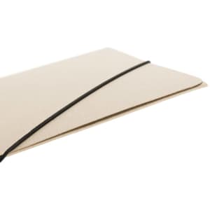 A beige folder with a black elastic band, designed for holding documents and files.