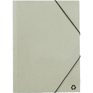 A light green folder with a textured surface and an elastic closure, featuring a recycling logo.