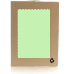 A brown folder with a smooth finish, featuring a recycling logo on the bottom corner.