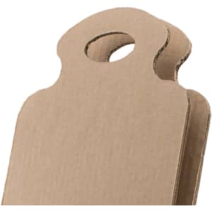 A cardboard product with a handle, featuring a simple cut-out design and a neutral brown colour.