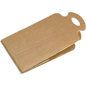 A brown cardboard product holder with a cut-out handle and a foldable design. It features a logo.