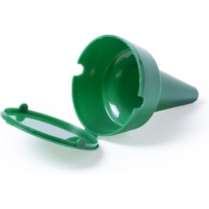 A green plastic Cleansand Ashtray with a removable lid, featuring a cone shape for easy use.
