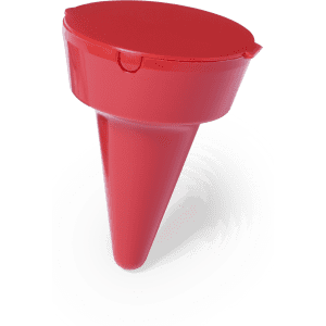 A red Cleansand Ashtray with a cone shape and a lid, featuring a logo on the side.