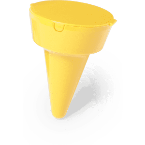 A yellow Cleansand Ashtray with a cone shape and a hinged lid, featuring a logo on its surface.