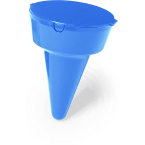 A blue funnel-shaped ashtray with a lid, designed for outdoor use. It features a branding logo.