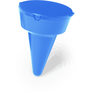 A blue Cleansand Ashtray with a funnel design, featuring a lid and a smooth base surface.