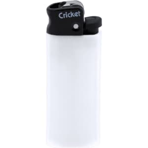 A white lighter with a black top, featuring a logo.
