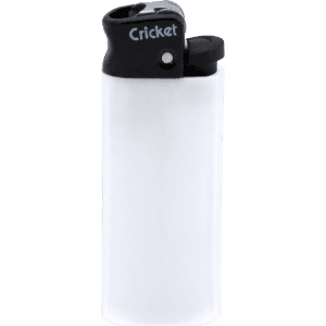 A white lighter with a black top and a logo. It features a classic design.