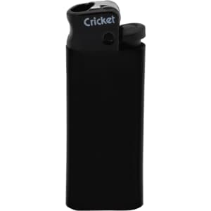 A black Minicricket lighter featuring a safety nozzle and a logo on the side.