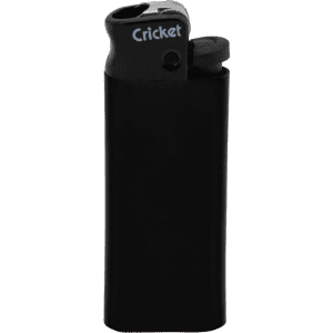 A black Minicricket lighter with a sleek design and an ergonomic top. Features a logo on the side.