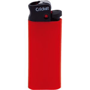 A red lighter with a black top, featuring a logo and a safety mechanism.
