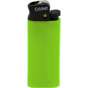 A bright green lighter with a black top and a logo. It features a standard push-button ignition.