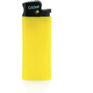 A yellow lighter with a black top and a logo.