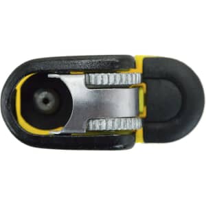 A Minicricket lighter with a black and yellow design, featuring a metallic ignition mechanism and a rounded body.