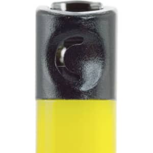 A yellow and black lighter featuring a round ignition button and a branding logo on the body.