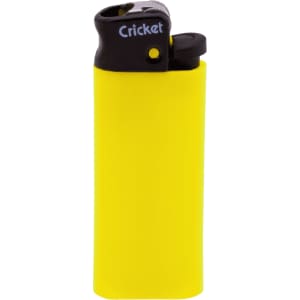 A yellow lighter with a black top and a branding logo.