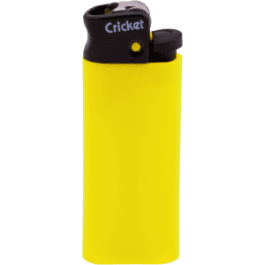A yellow lighter with a black top and a logo. The lighter features a smooth, cylindrical design.