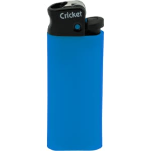 A blue lighter with a black top and a logo. The design features a smooth, cylindrical body.
