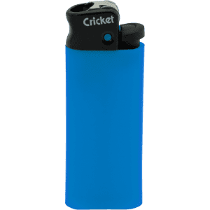 A blue lighter featuring a black top and an integrated spark mechanism. It has a logo prominently displayed.