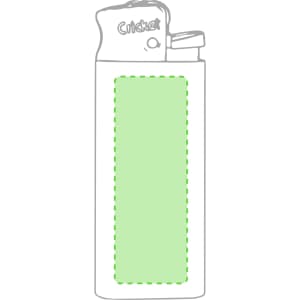 A lighter in a white and green design, featuring a branded logo at the top and a blank coloured section.