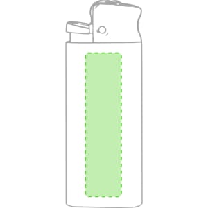 A white lighter with a green insert area and a trigger mechanism at the top. The item features a logo.