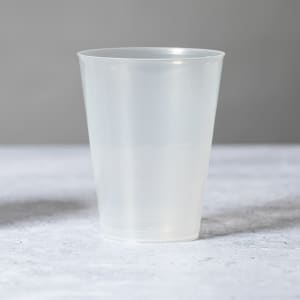 A clear plastic cup featuring a simple design and a slight frosted finish. It has a branded logo on the surface.