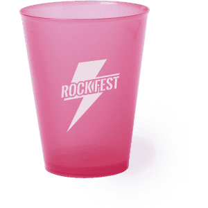 A pink plastic cup with a lightning bolt design and a logo. Ideal for events or gatherings.