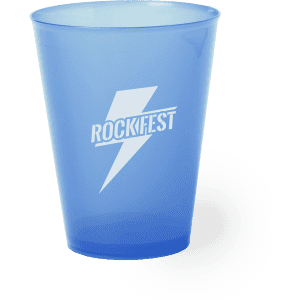 A blue plastic cup with a logo on the front, featuring a lightning bolt design.