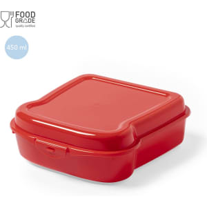 A red lunch box with a square shape, featuring a snap closure and a food-grade design, holding 450 ml.