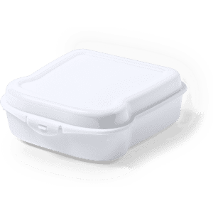 A white lunch box with a secure lid, featuring a simple design and a logo on the side.